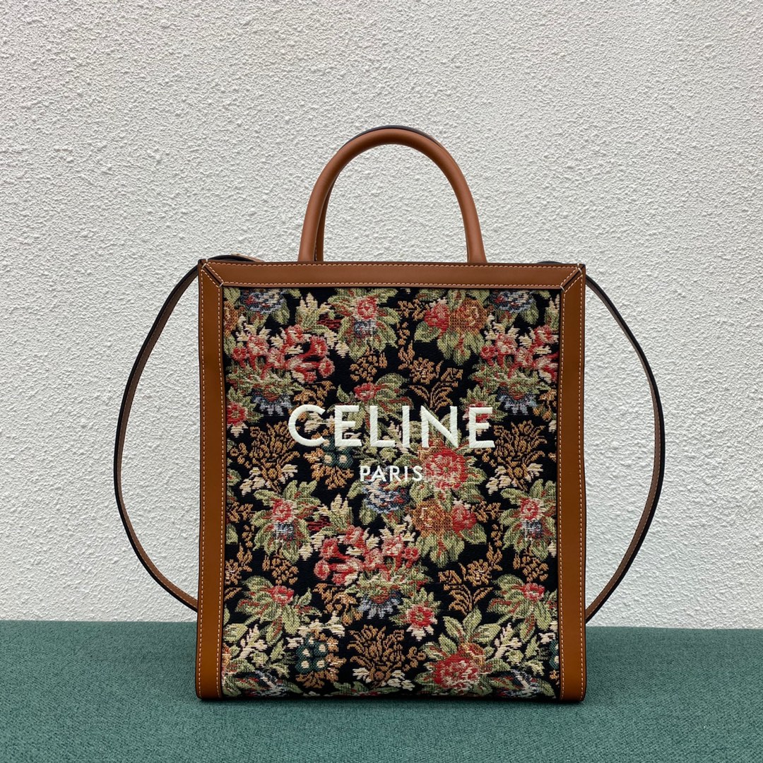 Celine Small Vertical Cabas In Textile With Flower Jacquard And Calfskin Tan 192082